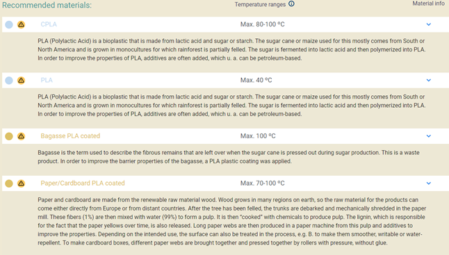 Screen shot of the Recommended materials list showing various material types and their temperature ranges.